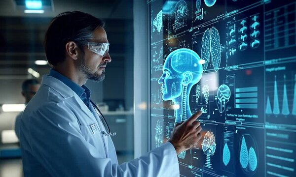 Doctor in safety glasses reviews digital brain scans. Suitable for medical, scientific, technology, healthcare, and research concepts in graphics and design.
