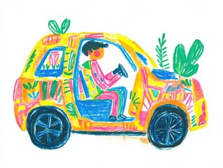 A colorful electric car is illustrated in a playful kids drawing style, set against a bright landscape of buildings and greenery. The design reflects joy and creativity