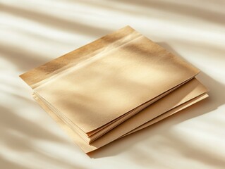 A blank kraft paper mailer mockup is positioned flat on a soft beige table, showcasing a minimalistic texture and subtle studio shadows across the surface