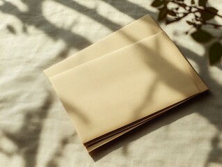 A blank kraft paper mailer mockup is positioned flat on a soft beige table, showcasing a minimalistic texture and subtle studio shadows across the surface