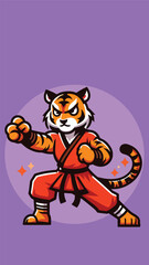 tiger mascot wearing shaolin clothes with a pose ready to fight in flat style 
