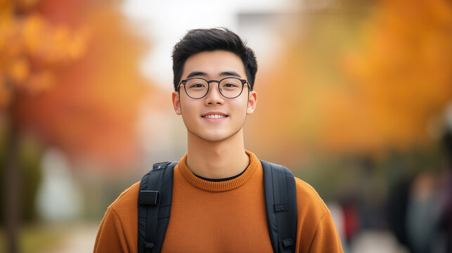 young man with glasses smiles warmly while walking through vibrant autumn landscape filled with colorful leaves. His casual outfit and backpack suggest relaxed day outdoors.
