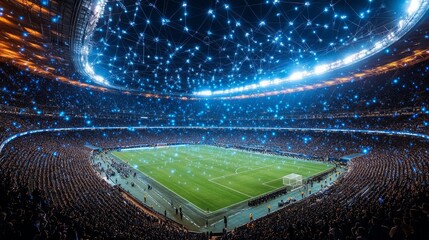 AI surveillance network monitoring crowd dynamics at a packed sports stadium during an evening event