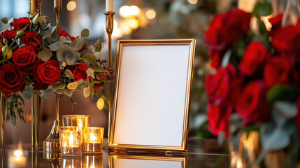 Blank card mock up in a gold frame on the table decorated with red roses and candles
