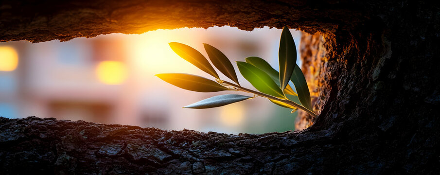 Olive branch sprouting through a crack in a tree trunk, backlit by a sunset.