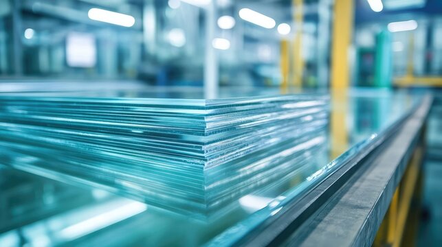 Close-up view of several sheets of processed glass stacked neatly.