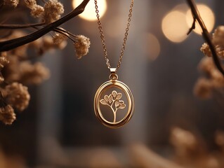 Fototapeta premium Elegant gold pendant necklace featuring a delicate tree design, perfect for showcasing personal style and charm.