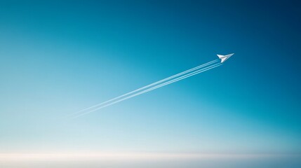 Fototapeta premium Origami paper airplane flying across a clear blue sky, with a trail forming soft white lines generative ai