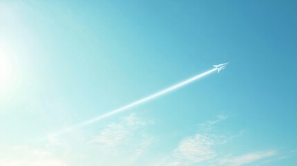 Origami paper airplane flying across a clear blue sky, with a trail forming soft white lines generative ai