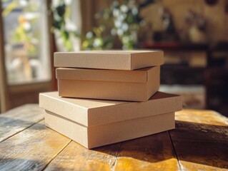 Three kraft paper box mockups of different sizes are stacked on a wooden table, illuminated by soft natural light. The setting conveys a clean and organic aesthetic ideal for packaging design