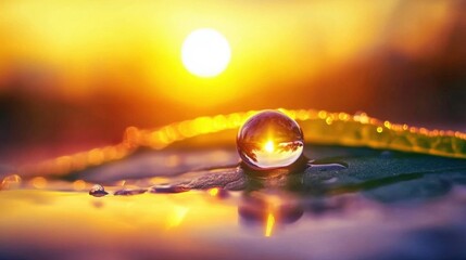Closeup of a vibrant green leaf with fresh water droplets reflecting golden morning sunlight creating a refreshing nature scene