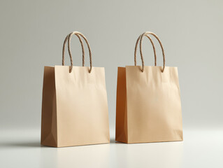 Two kraft paper shopping bags with twisted handles stand next to each other against a smooth, matte grey backdrop, highlighting distinct logo designs on each bag