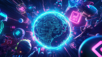 Fototapeta premium 3D Globe with Orbiting Technology Icons Representing the Global Tech Revolution
