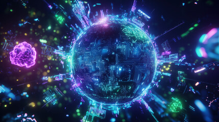 Obraz premium 3D Globe with Orbiting Technology Icons Representing the Global Tech Revolution