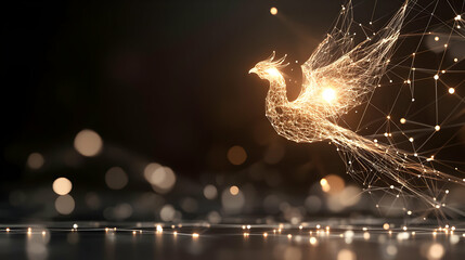 Golden phoenix bird, digital art, abstract, glowing lines, dark background.