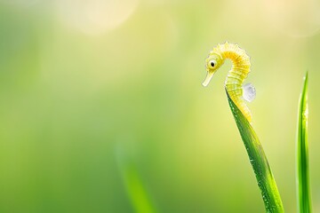 A tiny seahorse clinging to a strand seagrass, set against a blurred background.
