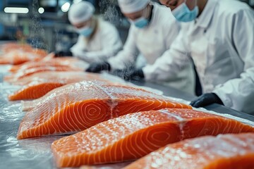 Focused factory workers packaging products on an assembly line.