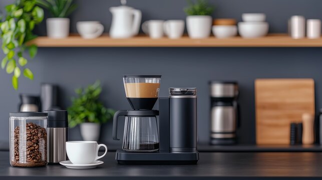 Brewed perfection coffee making station in modern kitchen lifestyle imagery cozy environment