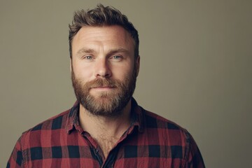 Obraz premium Confident Man with Beard in Casual Attire Against Neutral Background
