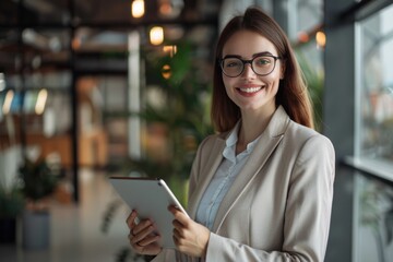 Fototapeta premium Happy woman manager and secretary using digital tablet in office.
