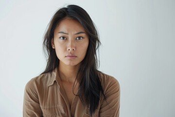 Obraz premium Asian office girl looking sad and upset against white background.