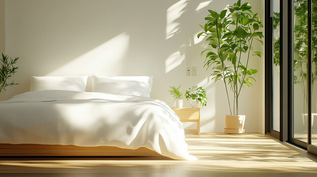 Ein elegantes, minimalistisch eingerichtetes Schlafzimmer mit einem gro&szlig;en Bett
