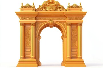 orange royal arch gate architecture with golden intricate royal carvings on white background 