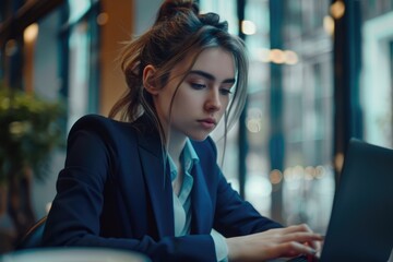 Fototapeta premium Portrait of a young business woman using laptop at office