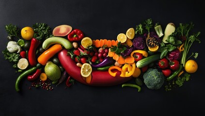 Vibrant heart-shaped design created from various fruits and vegetables.