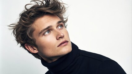 Young Man with Tousled Hair in Black Turtleneck