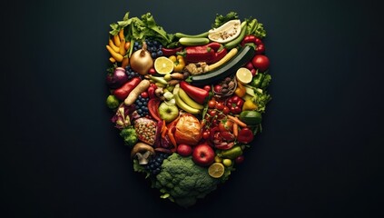 Fototapeta premium Vibrant heart-shaped design created from various fruits and vegetables.
