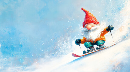 Whimsical Gnome Skiing in Snow &ndash; Winter Adventure Illustration