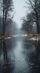  a soft snowy morning with gentle snowfall and muted colors,