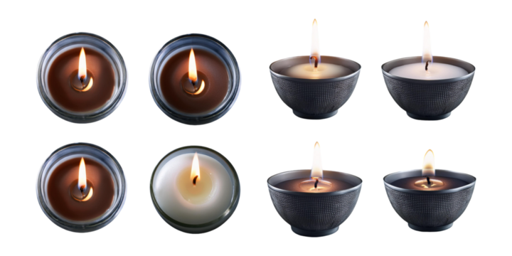 Different types of candles, lit and placed in glass bowls, isolated on a transparent background, ideal for relaxation and home decor themes.