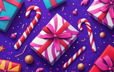 Obraz premium A colorful festive design with oversized candy canes, wrapped gifts, and sparkling glitter on a bold purple background