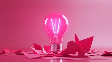 A vibrant pink light bulb with glowing filaments, emerging from a chaotic sea of torn red paper, representing inspiration breaking through chaos