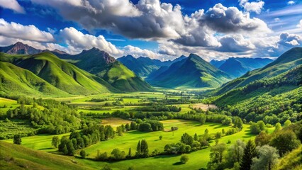 Fototapeta premium Panoramic view of a lush green valley with mountains in the background, landscape, scenery, nature, panoramic, valley, lush