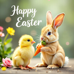 Cute bunny with a carrot and little yellow chick on a Happy Easter background with flowers. Square composition. 