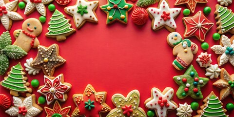 Obraz premium Festive holiday cookies display on red background with frame , Christmas, cookies, holiday, festive, treat, dessert, icing
