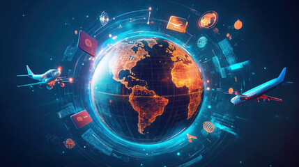 3D Globe with Orbiting Travel and Tourism Icons Representing Global Adventures