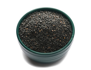 Black organic sesame seeds in bowl isolated on white background	
