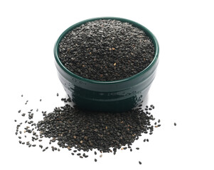 Black organic sesame seeds in bowl isolated on white background	
