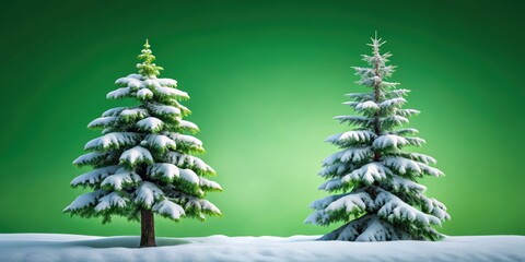 Fototapeta premium Snow-covered pine tree standing tall against a vibrant green background, winter, nature, forest, snowy, cold, season