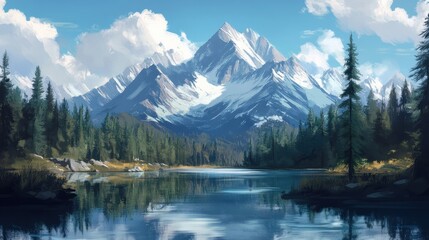 Scenic view of snow-capped mountains reflecting in a calm lake under a bright blue sky surrounded by lush greenery