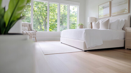 Modernes, helles Schlafzimmer mit großen Fenstern und Naturblick