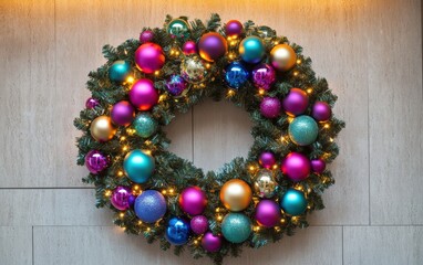 A festive Christmas wreath with colorful ornaments and sparkling lights on a modern door