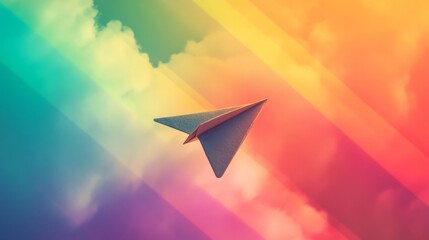 Paper airplane surrounded by vibrant rainbow colors in a sky generative ai