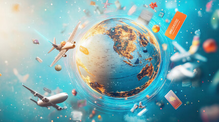 Naklejka premium 3D Globe with Orbiting Travel and Tourism Icons Representing Global Adventures