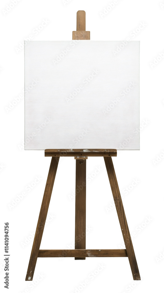 Aufkleber ready for creative expression: blank white canvas on wooden easel with transparent background