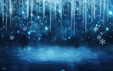 Fototapeta premium A frosty winter night background featuring shimmering icicles and glowing snowflakes floating on a rich navy blue surface